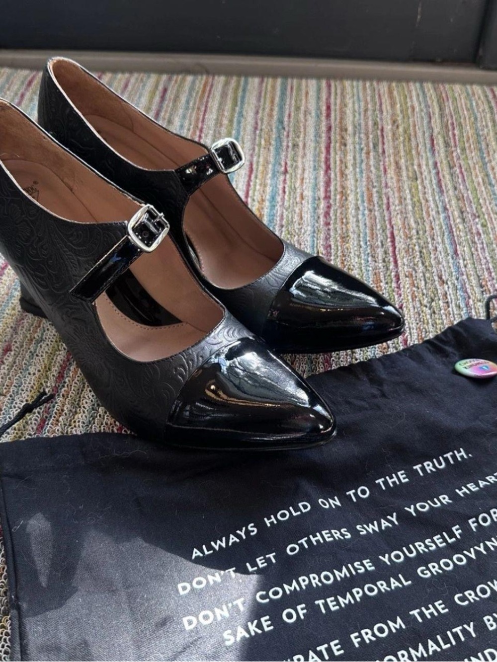 Fluevog Black Patent Mary Jane Pointed-Toe Heels